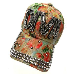 Silver Diva Hat Bling Bedazzled Orange Flowers Baseball Cap Adjustable Fashion